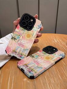 1pc Fashionable Retro Tropical Beach Pattern Vertical Striped High-End Faux Leather Anti-Fall Anti-Fingerprint Shock-Proof Phone Case Compatible With Apple And Models - Multicolor - View 2