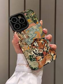 1pc Fashionable Retro Cute Tiger Striped Pattern High-End Faux Leather Anti-Fall Anti-Fingerprint Shockproof Phone Case Compatible With Apple And Models - Multicolor - View 2