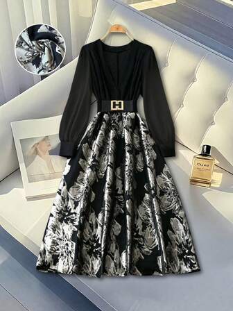 Vestidos de mujer, vestido de jacquard con parches de otoño, vestido formal elegante y casual con cremallera para fiesta (excluye cinturón)