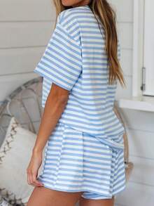 2-Piece Set Simple Striped Lazy Casual Tassel Drawstring Pocket Women's Home Wear Suit Suitable For Home And Street In All Seasons - 藍 - 查看 3