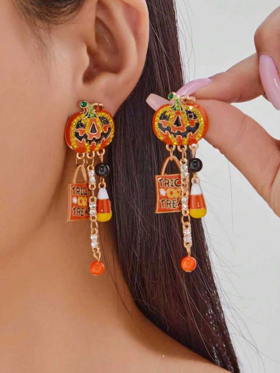 2 件万圣节油滴水钻南瓜字母流苏耳环 - 彩色 - 查看 1