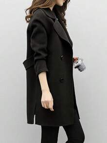 Abrigo de lana holgado de doble botonadura, de longitud media y color liso, versátil y a la moda para mujer. - Negro - Ver 3