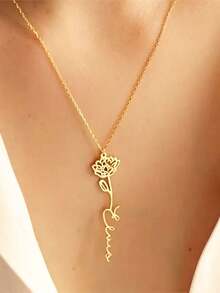 Customized Name Necklace, Stainless Steel Personalized Birth Month Flower Gold Letter Pendant Necklace, Fashion Simple Creative Bridesmaid Gift, Christmas, Mother's Day Gift For Mom, Customized Women Jewelry/Personalized Name Necklace/Birth Flower Jewelry/Floral Name Necklace/Handmade Birthday Gift/Gift For Her, Floral Design Personalized Name Necklace - Multicolor 2 - View 9