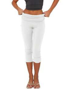 Fold Over Capri Yoga Pants For Women Low Rise Knee Length Stretch Leggings Summer Cute Going Out Crop Pants Streetwear - 白色 - 查看 3