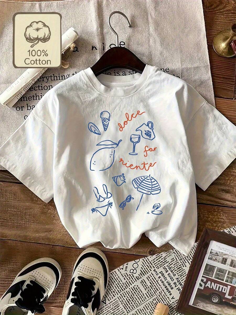 Camiseta Gráfica De Estilo Italiano Para Mujer - Verde Oliva Con Detalles Rojos - Suéter Casual Y Cómodo Para El Día A Día, Esencial Primavera/Verano, Diseño Divertido, Material Transpirable, Blusa Elegante, Ideal Para Amantes De La Moda - Blanco - Ver 1