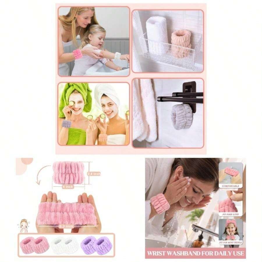 Womens Wrist Towels Washing Face, Microfiber Spa Wash Band, Absorbent Wristbands Sweatband Girls Prevent From Spilling Down Your Arms 6PCS - White, Pink, Purple + 1 Count (Pack of 6) - View 1