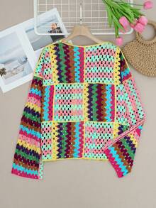 Femmes Cardigan tricoté à manches longues, ouvert et ample, avec motif ajouré coloré. Style de rue , étudiant, Top mignon, style preppy vintage. Convient pour les enseignants en vacances de printemps - Multicolore - Voir 4