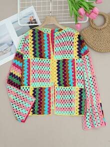 Femmes Cardigan tricoté à manches longues, ouvert et ample, avec motif ajouré coloré. Style de rue , étudiant, Top mignon, style preppy vintage. Convient pour les enseignants en vacances de printemps - Multicolore - Voir 3