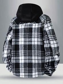 Men's Fashion Plaid Symmetrical Button Front Flap Pocket Cuff Button Design Curved Hem Outdoor Casual Versatile Thermal Lined Hooded Jacket, Fall/Winter