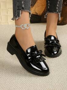 Women's Fashionable Flat Shoes, Bow Decor Slip-On Loafers - Black Elegant - View 2