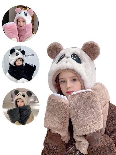 1 套秋冬熊猫针织帽、围巾和手套 3 件套毛绒双层耳罩帽、保暖颈围头带，适合户外活动、滑雪、骑自行车、跑步、上学、派对