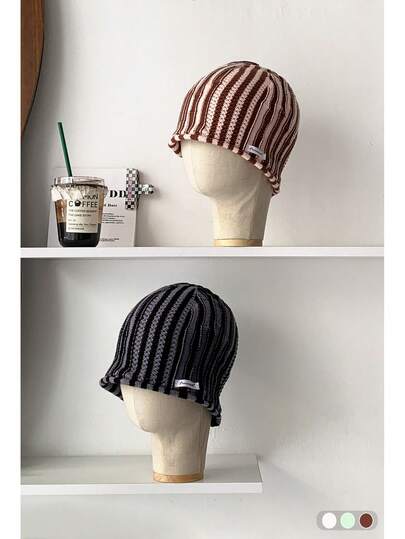 1pc Striped Cute Pink Beanie Hat, Versatile Casual Knitted Hat, Stretchy Autumn/Winter Unisex Beanies