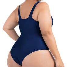 Plus Size Fitted Bodysuit, Waist Shaping, Plain, Casual - 藏蓝色 - 查看 4