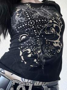 Y2k Grunge T Shirts For Women Gothic Graphic Tees Teens Short Sleeve Emo Vintage Going Out Tops Alt Clothes Streetwear - Màu xám đen - Xem 2