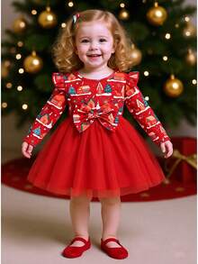 Baby Girls' Sweet & Adorable Princess Style Christmas Tree Print Long Sleeve Dress With Mesh Skirt, Autumn
