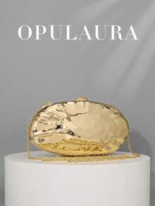OpulAura New Fashion Asymmetrical Metal Box Clutch Bag, European & American Style Retro Mini Box Clutch Purse, Formal Party Handbag, Cocktail Wallet, Ball Gown Bag, Gold Wedding Bride Shoulder Crossbody Chain Bag , Gold Bag - Gold - View 2