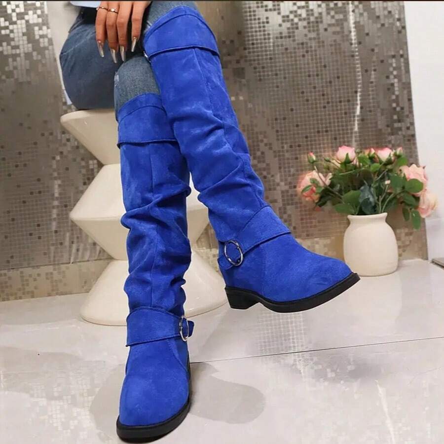 Mid Autumn/Winter Suede Pile Boots Women's Western Cowboy Boots Women's Retro Boots New Knight Boots Retro Flat Western Belt Buckle Boots - Màu xanh lam - Xem 1
