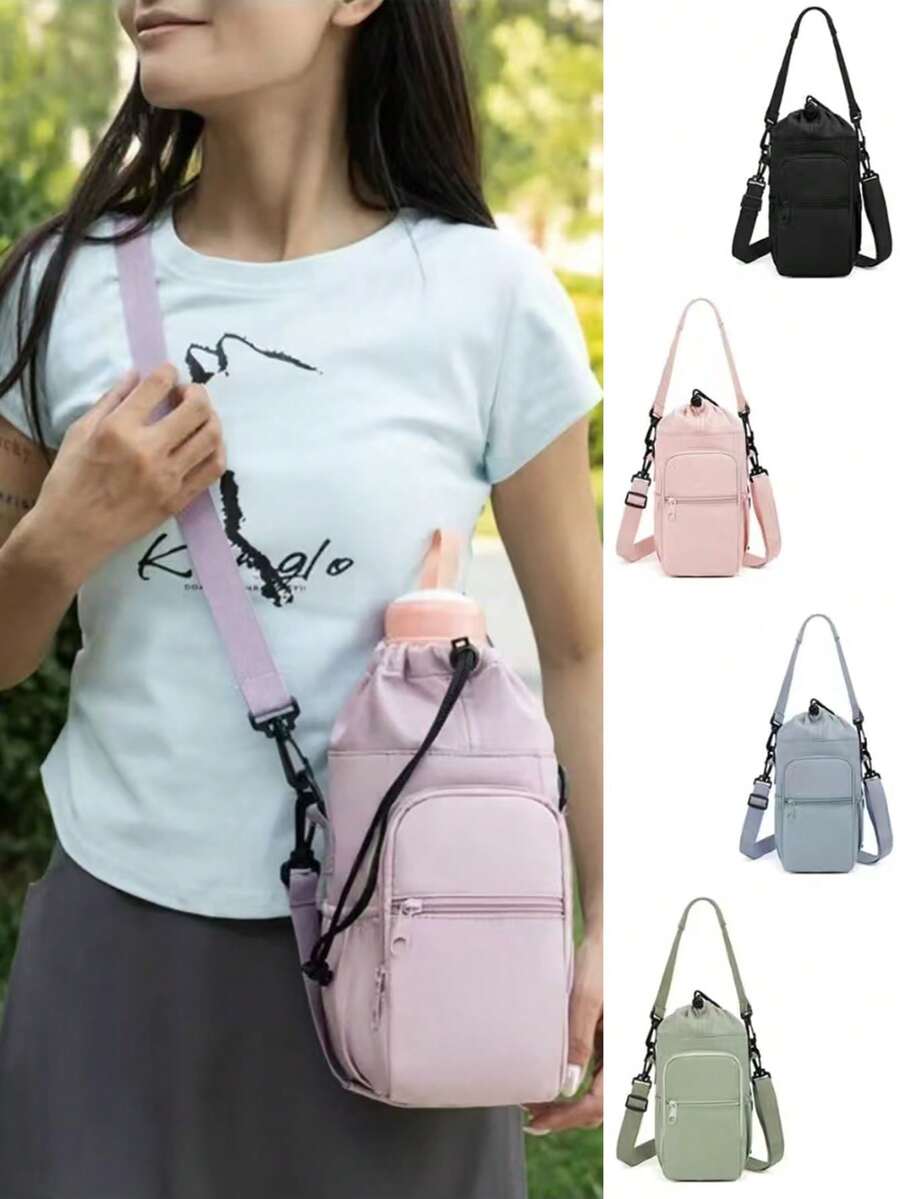 1pc Women's Insulated Water Bottle Bag With Lanyard - Phone Pouch, Water Bottle Holder, Backpack, Handbag, Multiple Colors Available, Adjustable Shoulder Strap And Multi-Compartment Design, Black Outdoor Backpack Suitable For Hiking, Camping, Activities, Fashionable Leak-Proof Water Bottle Storage Bag With Secure Zipper Pocket. - Multiple Colors - View 1