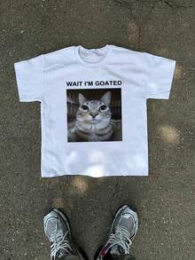 T-shirt casual da uomo a maniche corte con stampa di gatti divertenti in puro cotone, maglietta con cappuccio; magliette grafiche, abbigliamento da palestra da uomo; Wait I'm Goated; stampa di testo - T-shirt estiva nera con scollo tondo, vestibilità regolare, per esterni, stampa di lettere in puro cotone, maglietta con cappuccio; abbigliamento da casa, vestibilità comoda