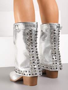 Fashion Studded Pointed Toe Cowboy Boots With Heel And Buckle - Silver - View 4