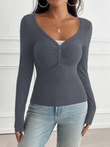 GAOVOT Women's T-Shirt, Y2K Spring/Summer Casual Daily Sexy Solid Color Lace Patchwork Fitted Long Sleeve V-Neck Top, Suitable For Commuting - Dark Grey - View 7