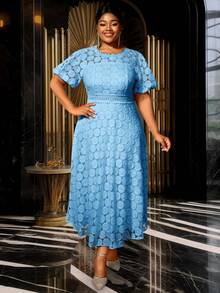 Light Blue Lace Dresses A Line Party Short Puff Sleeves With Lining Plus Size Women Birthday Gowns - 淺藍色 - 查看 7