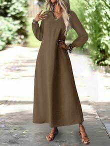 Elegancka, długa sukienka damska na jesień, z dekoltem w serek, nieprzezroczysta, na co dzień, do biura, na imprezę, sukienki damskie