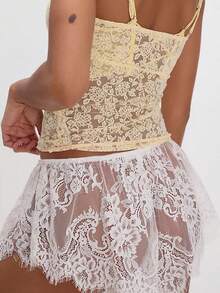 Women Y2k Summer Floral Lace See Through Mini Shorts Hollow Out Lace Sheer Mesh Booty Short  Elastic Waist Wide Leg Low Rise Bow Knot Loose Fit Micro Short Loungewear - 白色 - 查看 5