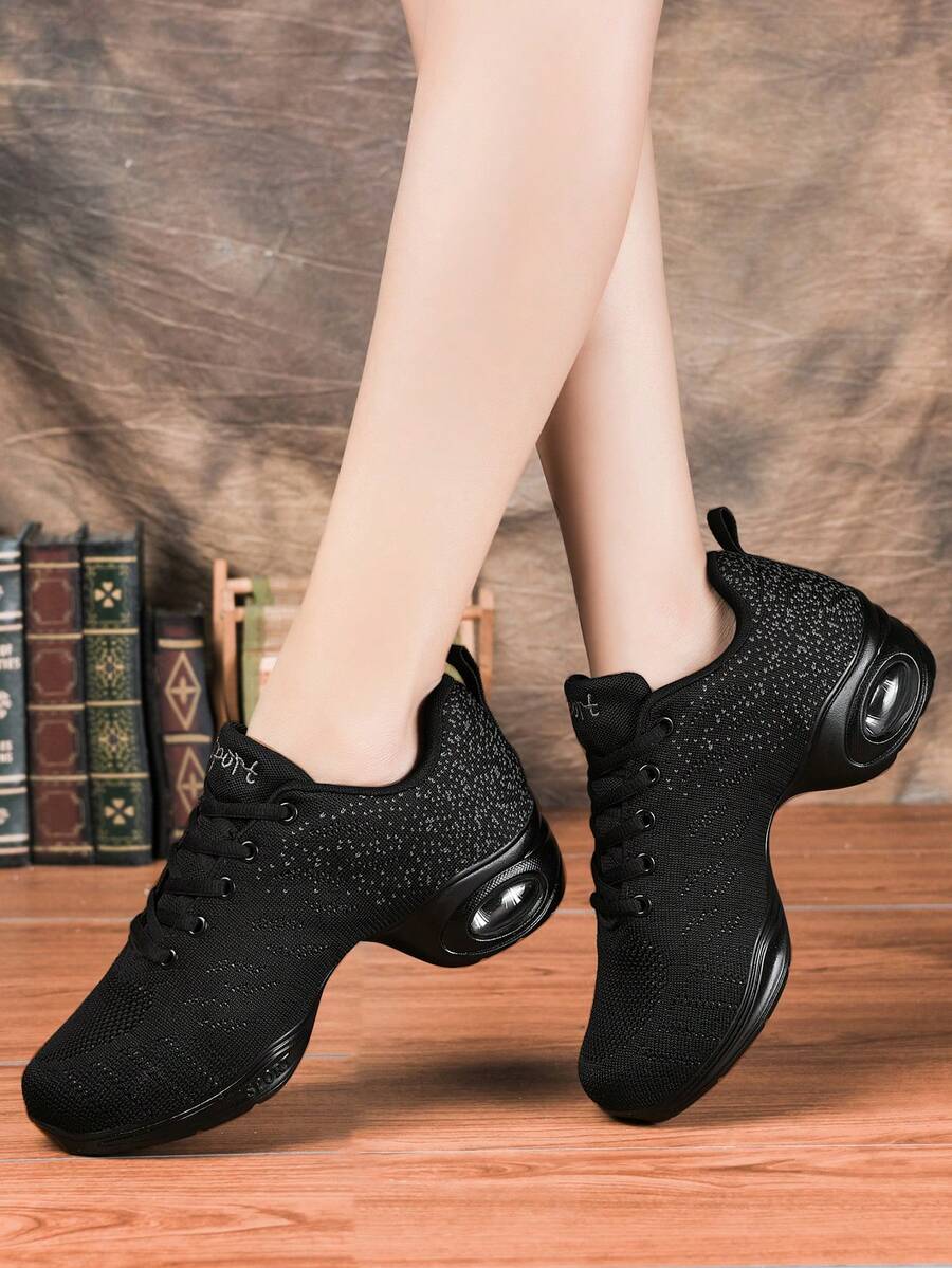 女士舞蹈鞋，透气网眼休闲鞋，软底健身瑜伽舞蹈鞋，适合所有季节 - 黑色 - 查看 1