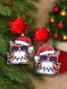 Acrylic Resin Santa Cat Earrings With Red Pom Poms – Cute Christmas Earrings, Funny Santa Cat Jewelry, Handmade Holiday Earrings, Xmas Accessories, Lightweight Christmas Jewelry, Resin Art Earrings For Christmas