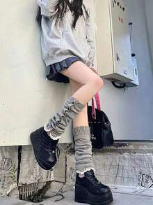 1 par de calentadores de pierna de unicolor versátil con botones, de estilo cálido y acogedor para otoño e invierno, con diseño de punto y botones para mujer - Multicolor - Ver 6