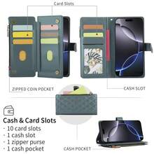 1pc Flip Cover Protective Case Compatible With Apple 17 ProMax/16/15/14/13/12/11pro, Wallet Phone Case With Card Slot, Wrist Strap, Zipper Pocket - Dark Green - View 3