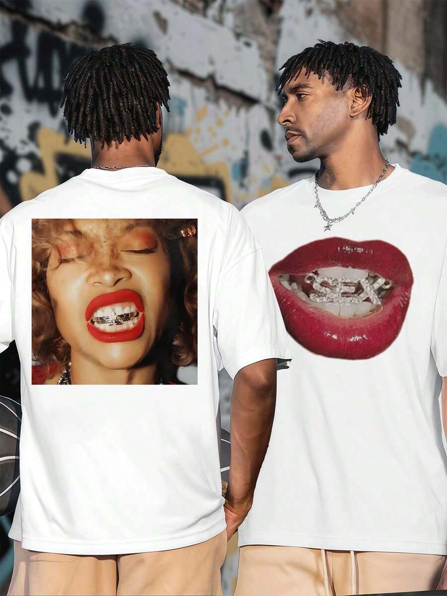 Grills Graphic Tee , Men's Double-Sided Printed Fashionable Casual Crew Neck 220gsm Pure Cotton T-Shirt(1 PC) - White - View 1
