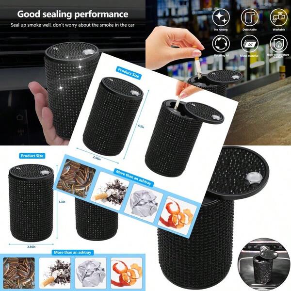 Ashtray Aluminum Automotive Smokeless Ashtray With Lid Diamond Style Detachable Easy Clean Black