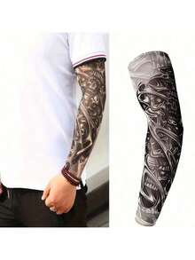 2件装户外手臂纹身袖套 - 逼真临时纹身拼图速干防晒袖套 - 透气无缝高弹纹身袖套 - 适合运动和日常穿着，可作手臂保暖套、秋季服装、万圣节装扮、男士礼物 - 彩色 - 查看 10