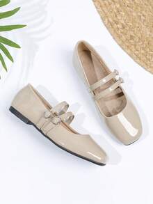 女式复古玛丽珍平底鞋，双带设计，适合所有季节 - 杏色 - 查看 4