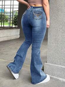 Vaqueros acampanados elásticos de cintura alta con bolsillo trasero bordado para mujer - Azul lavado medio - Ver 4