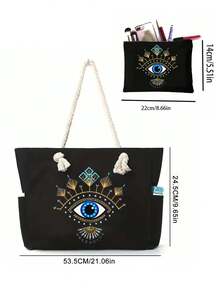 Blue Glasses Pattern Black Handbag Set Comes With Two Side Pockets,Women's Linen Large Capacity Tote Bag,Personalized Gift Bag, Women's Travel, Gift Bags,Commuting Bag And Zipper Beauty Bag,Makeup Bag, Travel Storage Bag, Suitable For Weddings, Birthdays,Holidays, It Is The Perfect Gift For Women, Mothers, Teachers, Friends, Bridesmaids, Big Bags, Students And Back To School,Suitable For Nature Enthusiasts And Women,Saudi National Day