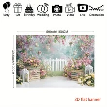 Fondo de jardín plano 2D con flores de primavera, decoración de fondo para ducha, pastel de cumpleaños, fotografía de boda, estudio de fotografía, accesorios, pancarta horizontal de tela con elementos de feliz cumpleaños, adecuado para fiestas interiores/exteriores, sesiones de fotografía, decoración del hogar, exhibición de puertas de garaje, sin necesidad de energía, decoración de fiesta de cumpleaños