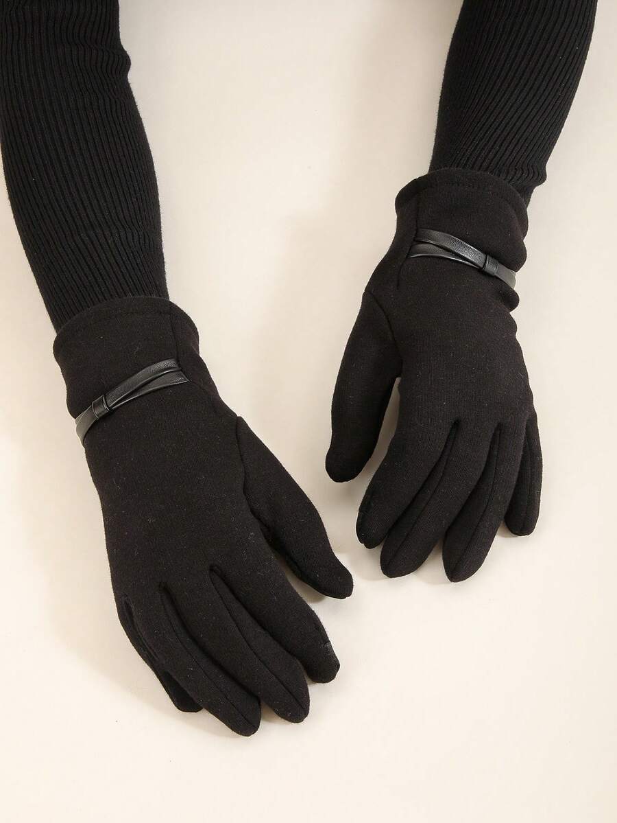1pair Women Warm Thermal Lined Touchscreen Driving Gloves, Cute Design - Black - View 1