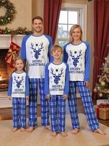 Kid Boys Christmas Set - Reindeer Print Raglan Sleeve Top And Plaid Pants, Holiday Outfits