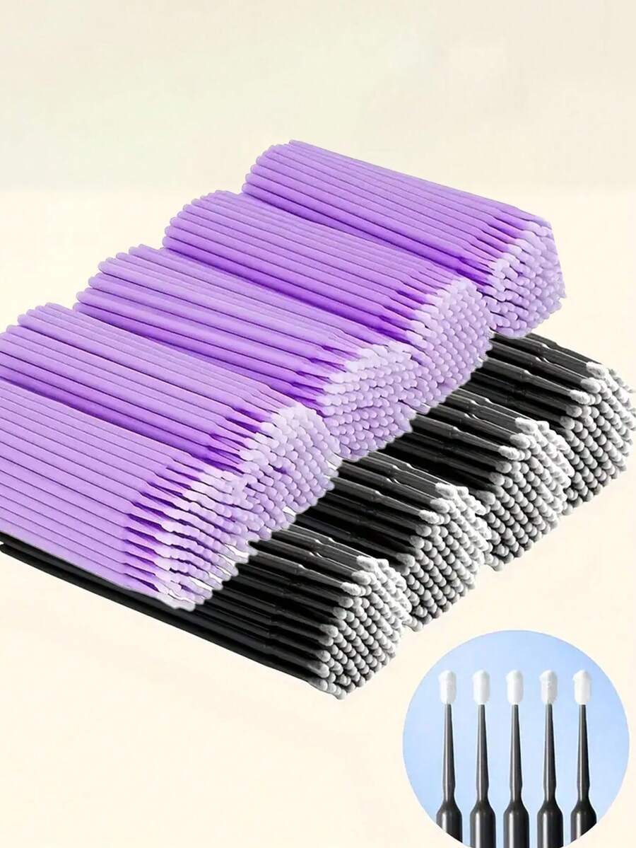 100pcs Black/Purple Micro Brushes For Eyelash Extension And Makeup - 2.0mm Precise Brush Head, Fragrance-Free, No Power Needed, Fluffy White Bristles, Makeup Tools And Accessories, Makeup Application | Fashionable Handle Design | Synthetic Bristles - Multicolor - View 1