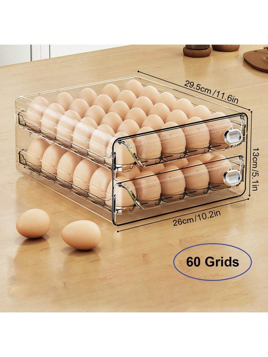 1 Tier/2 Tier Egg Storage Box,30/40/60 Grid Stackable PET Egg Storage Set,Multi-Layer Egg Tray Container,Drawer Type Egg Storage Organizer,Transparent Fresh Organizer,For Kitchen Refrigerator Use - 2層裝60網格 - 查看 1