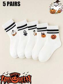 1/5 Pairs, Kids Style, White, Halloween Themed Prints (Ghost, Pumpkin, Grim Reaper), Black Striped Cuff, Breathable And Sweat-Absorbent, Fun Halloween Style, Mid-Calf Socks, Perfect For Halloween Parties, Trick Or Treat, Autumn Daily Wear, School Activities, Birthday Gifts, Halloween Season, Horror Movie Fans, Kids Fashion. - Multicolor - View 11