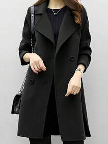Abrigo de lana holgado de doble botonadura, de longitud media y color liso, versátil y a la moda para mujer. - Negro - Ver 1