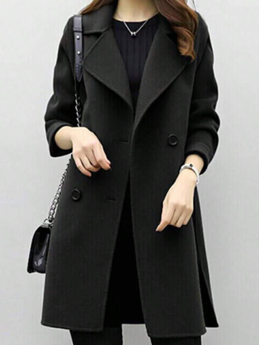 Abrigo de lana holgado de doble botonadura, de longitud media y color liso, versátil y a la moda para mujer. - Negro - Ver 1