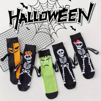 1 Pair Halloween Socks - Horror Skeleton, Pumpkin, Witch Design, Cute Funny Mid-Calf Socks, Vibrant Orange, Black, Purple Colors, Soft Polyester Material, Suitable For Teenagers, Machine Washable, Autumn/Winter Holiday Party Outfit