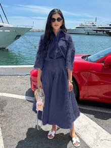 2pcs Women's Spring/Autumn Fashion Shirt And Skirt Set - Blue - View 4