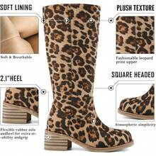 Women's Knee High Chunky Block Heel Square Toe Low Heel Boots, Style - Leopard - View 2