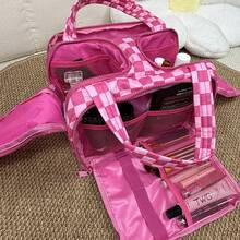 Checkered Toiletry Bag,Large Capacity Water-Proof Plaid Cosmetic Bag,Women Multi-Partitions Makeup Bag,Dust-Proof Wide-Open Puffy Organizers For Travel Accessories , Portable Travel Bag With Strap For Putting On Suitcase - Màu Hồng Tươi - Xem 3